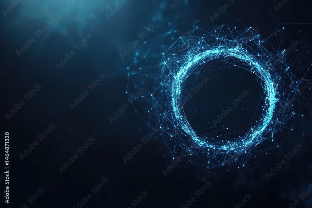 Poster abstract digital circle. a glowing, interconnected network of lines and points forms a circular fram