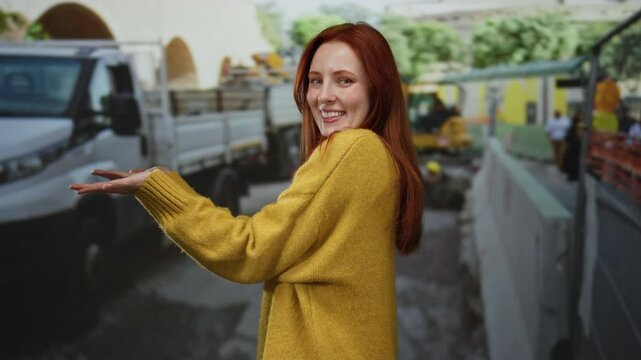 Woman smiling in a yellow sweater at construction site with trucks, showcasing confident and cheerful expression ideal for industry theme.