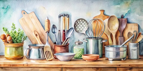 Custom vertical slats for kitchen with your photo A watercolor painting of a rustic kitchen countertop displaying an assortment of vintage cooking utensils, wooden cutting boards, and a charming ceramic pot filled with fresh herbs.