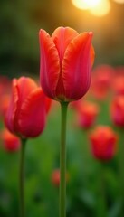 Obraz premium Single vibrant red tulip bud, sunrise light, lush garden bed, sun, nature
