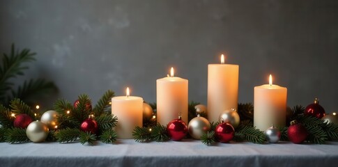 Soft grey tones, Christmas table with lit candles, inviting space , stylish, soft, background