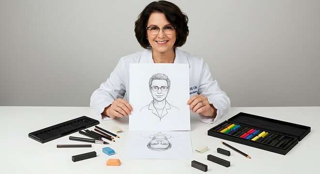 A smiling forensic artist showing a composite sketch, surrounded by drawing tools, on a clean white background.