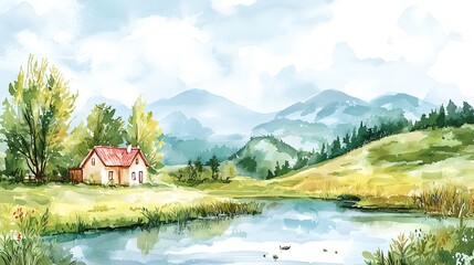 Fototapeta premium A house sits on a hill overlooking a river