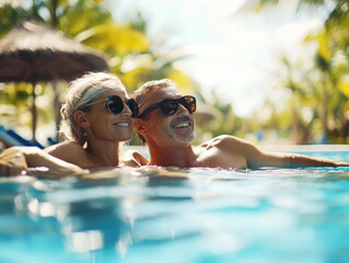 Couples enjoying a relaxing moment in a tropical pool under bright sunlight