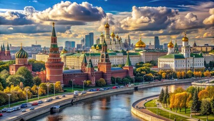 Obraz premium Panoramic view of the moscow kremlin buildings and river against a beautiful sky
