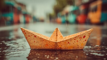 Obraz premium A Colorful Paper Boat Floats in a Rainy City Street Puddle