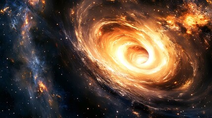 A surreal depiction of a wormhole opening near a distant galaxy, showcasing bending light and distorted stars in vivid detail.
