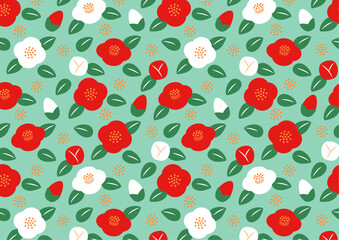 水色背景の椿のパターンのイラスト_赤と白_スウォッチ登録あり
