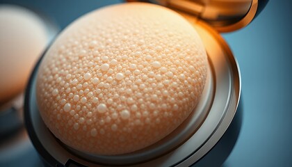 Obraz premium Close Up of Makeup Sponge in Black Compact with Golden Glow on Blue Background