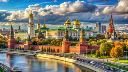 Fototapeta premium Panoramic view of the moscow kremlin russia with golden domes and river reflection