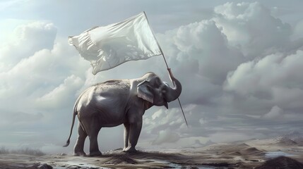 Obraz premium Elephant Lifting White Flag: A majestic elephant raising a white flag high with its trunk. 