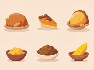 a 2D vector illustration of a Thanksgiving dinner table setting. 