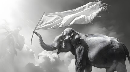 Elephant Lifting White Flag: A majestic elephant raising a white flag high with its trunk.
