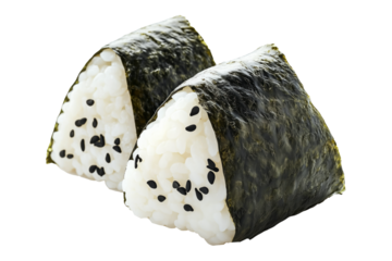 Japanese onigiri rice ball with black sesame seeds and nori seaweed wrap, isolated on white transparent background, showcasing traditional Asian cuisine concept