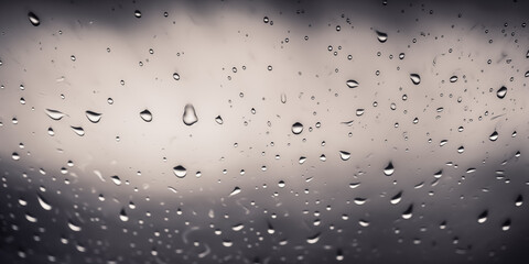 Close-up of raindrops on a window pane, creating a serene and tranquil atmosphere against a cloudy backdrop.