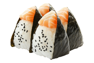 Japanese salmon onigiri rice ball wrapped in nori seaweed, isolated on white transparent background, showcasing traditional Asian cuisine concept