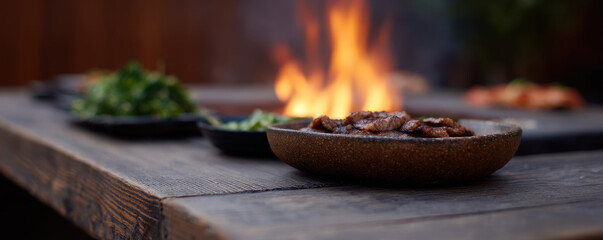 Traditional Korean BBQ setup with fire pit and dishes on wooden table