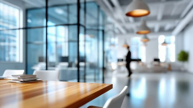 Modern Office Space: A clean, contemporary office environment with sleek glass walls, polished surfaces, and the blurred silhouette of a person.