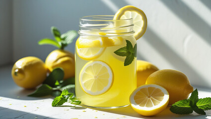 Fototapeta premium Bright yellow lemonade in a glass jar next to fresh lemon slices and mint leaves, cheerful and sunny setup, perfect for beverage campaigns.