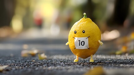 An orange fruit wearing a numbered bib, humorously participating in a marathon event, showcasing fun and creativity in sports.