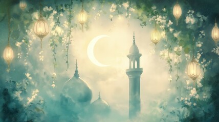 Ethereal jasmine vine garden lit by lanterns and a gentle crescent above, a lamb watching quietly in soft watercolor hues for tranquil mood