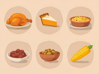 a 2D vector illustration of a Thanksgiving dinner table setting. 
