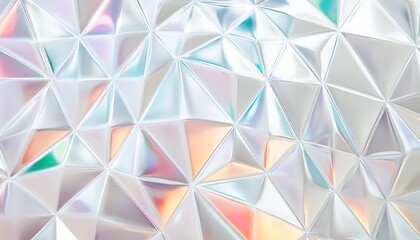 Holographic silver foil texture with a geometric pattern creating a shimmering hologram effect, featuring white and rainbow colors for a dynamic and futuristic background.