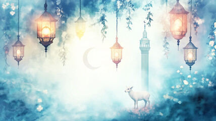 Dreamy watercolor garden with hanging lanterns and jasmine vines as a lamb gazes up at a crescent moon with soft moonlit glow