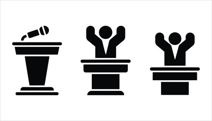 Public Speaking Podium Icon with Microphone and Raised Hands