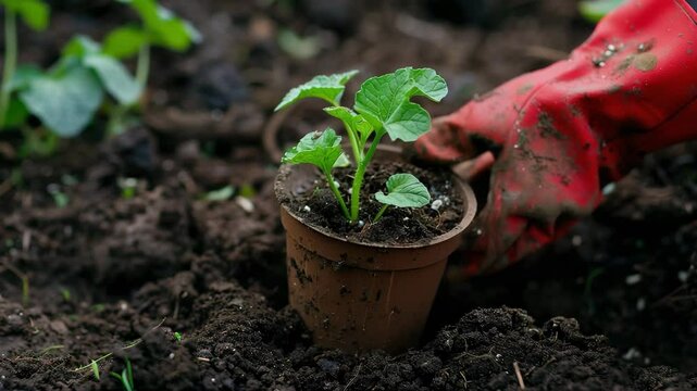 A plant pot is buried in the garden soil, a Cucumber seedlings is inside, and red gloves, Generative AI Videos.