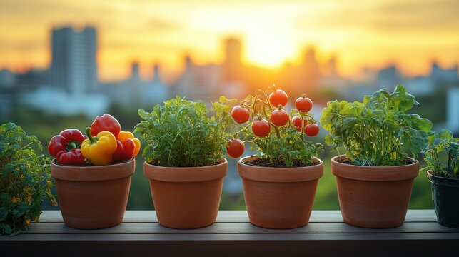Rooftop garden at sunset, colorful vegetables in terracotta pots