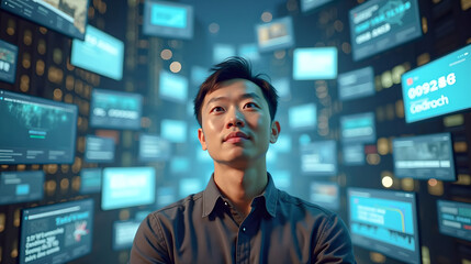 Man in front of futuristic digital screens
