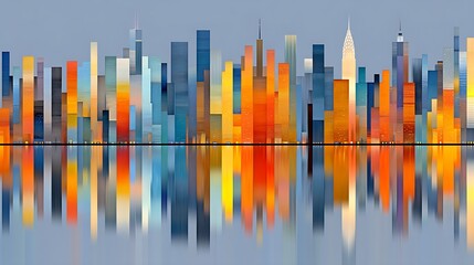 Obraz premium Vibrant Cityscape Reflection Abstract Urban Panorama with Colorful Buildings and Water Mirror