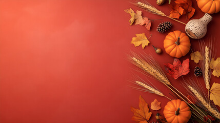 Thanksgiving Harvest Concept Background with Pumpkin, Wheat Ears, Pine Cones, and Abundant Food Colors for PPT Presentations, Expressing Gratitude and Bounty.