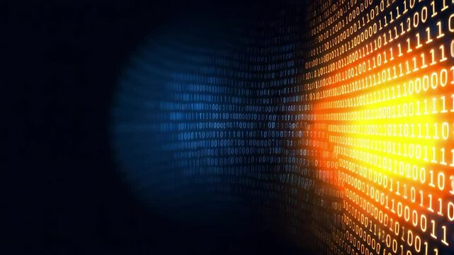 Glowing binary code digital data stream with orange and blue light technology effect