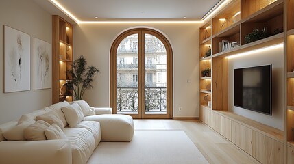 Fototapeta premium Bright living room with arched doors, built-in shelves, a comfortable couch, minimalist art, and warm lighting for a welcoming atmosphere.