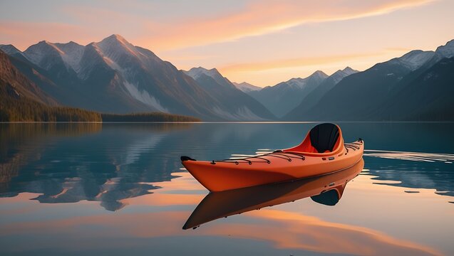 Kayak on Lake at Sunset with Mountain Backdrop