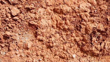 Close-up of textured red soil with pebbles, natural landscape detail, earthy tones