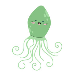 Hand drawn sea animal green squid