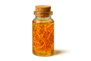 A glass bottle filled with a golden-yellow liquid containing thin, elongated strands, likely saffron or a herbal infusion. Concept Golden-Yellow Liquid, Herbal Infusion, Saffron Strands