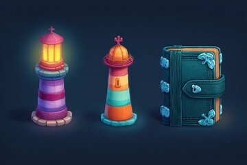 Colorful lighthouses and a decorative book create a whimsical coastal scene at twilight