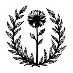Botanical illustration: Sunflower with laurel branches in vintage style design