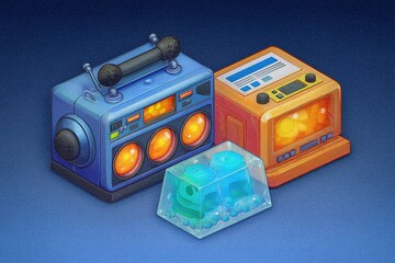 Obraz premium Colorful retro electronic devices including a boombox, a cassette player, and an ice cube with a small figure