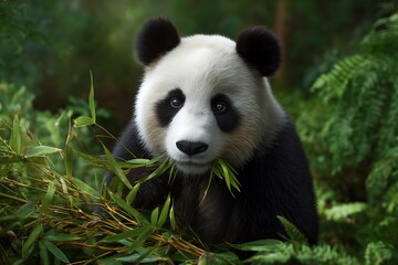 Obraz premium Giant Panda Peacefully Eating Bamboo