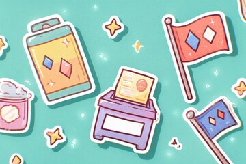 Colorful election-themed stickers featuring ballot boxes, flags, and campaign materials on a teal background