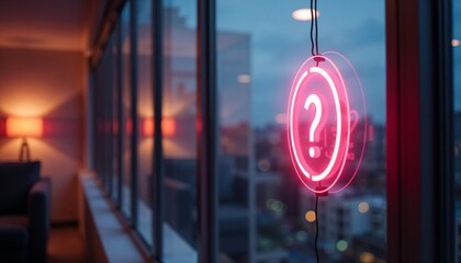 Neon question mark sign glowing at dusk near window with cityscape background