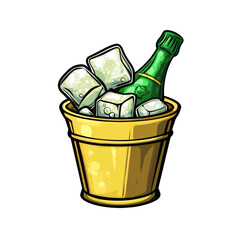 Elegant green bottle in a golden ice bucket, cartoonish illustration