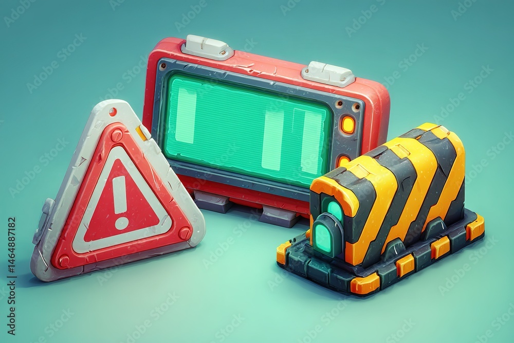 Poster colorful 3d warning signs and a monitor display created for an imaginary game environment showcase v