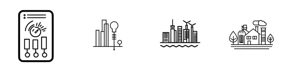 Fototapeta premium Vector illustration icon collection showcasing city buildings, control panels, and renewable energy elements