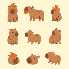 Hand drawn Cute Cartoon Capybara with Oranges set